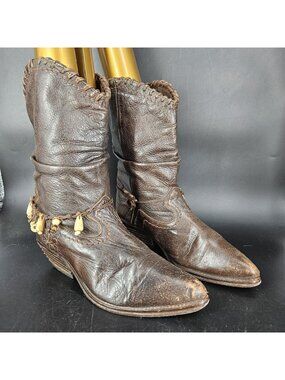 Western Cowboy Boots Womens Size 10 Brown Leather Slouch Mid Calf Beaded Boho